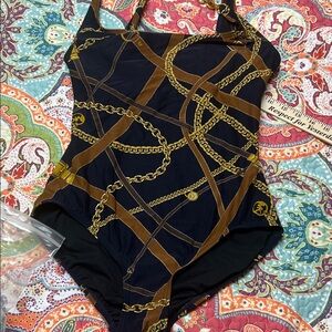 Michael Kors Black and Gold Chain Print One Piece Swimsuit